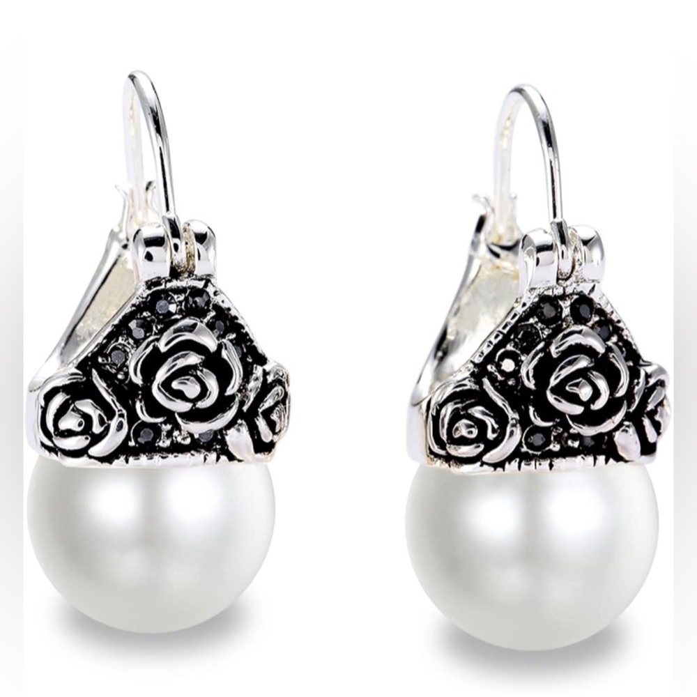 Vintage Style Roses Silver Pearl Drop Earrings